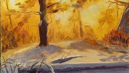 Zimowy pejzaż leśny (olej na płótnie, 30x40cm)