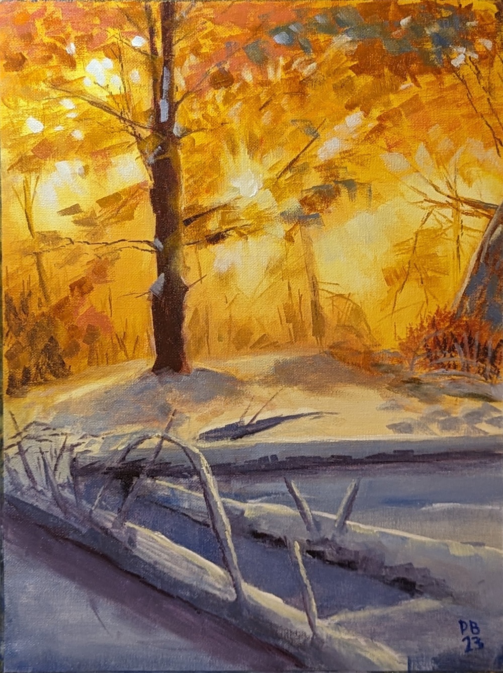Zimowy pejzaż leśny (olej na płótnie, 30x40cm)