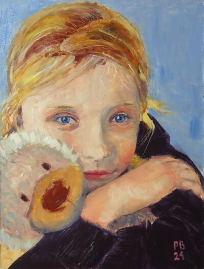 Alicja z misiem (olej na tekturze, 30x40cm)