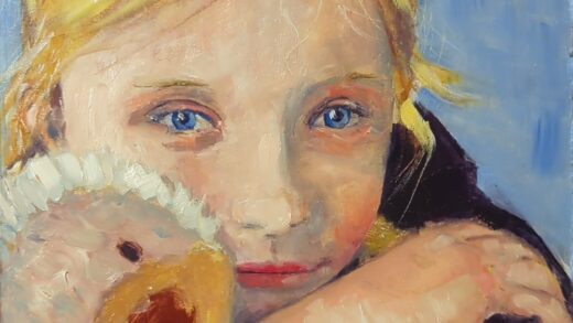 Alicja z misiem (olej na tekturze, 30x40cm)